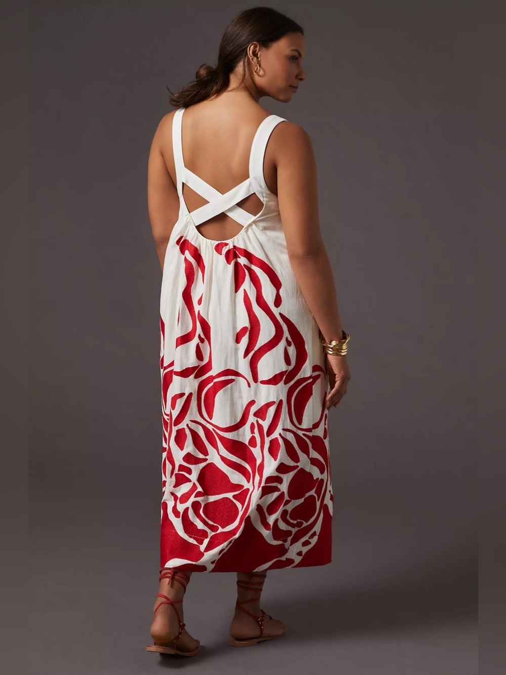 Anthropologie Linen Blend Cutout Criss Cross  Back Maxi Dress White / Red Sz XL - Picture 2 of 14